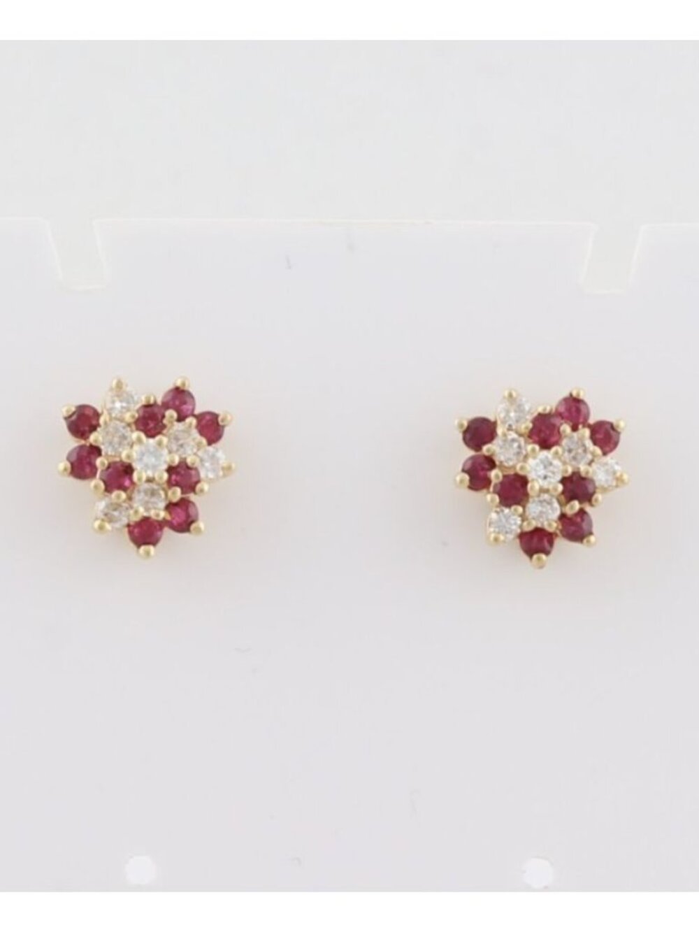 14k Yellow Gold Natural Ruby & Diamond Cluster Earrings Studs 3/8" Round